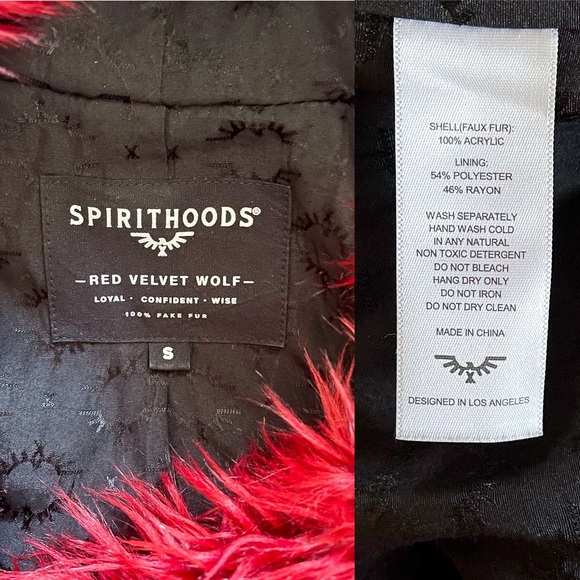 SpiritHoods Red Velvet Wolf Faux Fur Hooded Coat Vegan Small EUC - Picture 8 of 12
